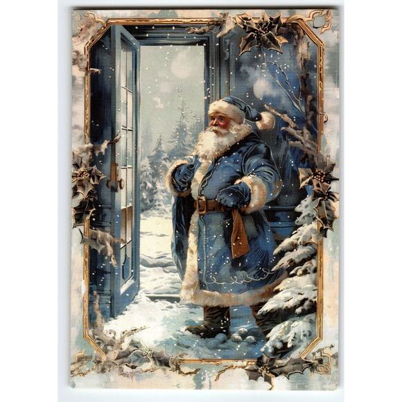 Blue Suit Coat Santa Claus Christmas Postcard 5.5x4 Lithograph Holiday Greetings - Picture 1 of 2